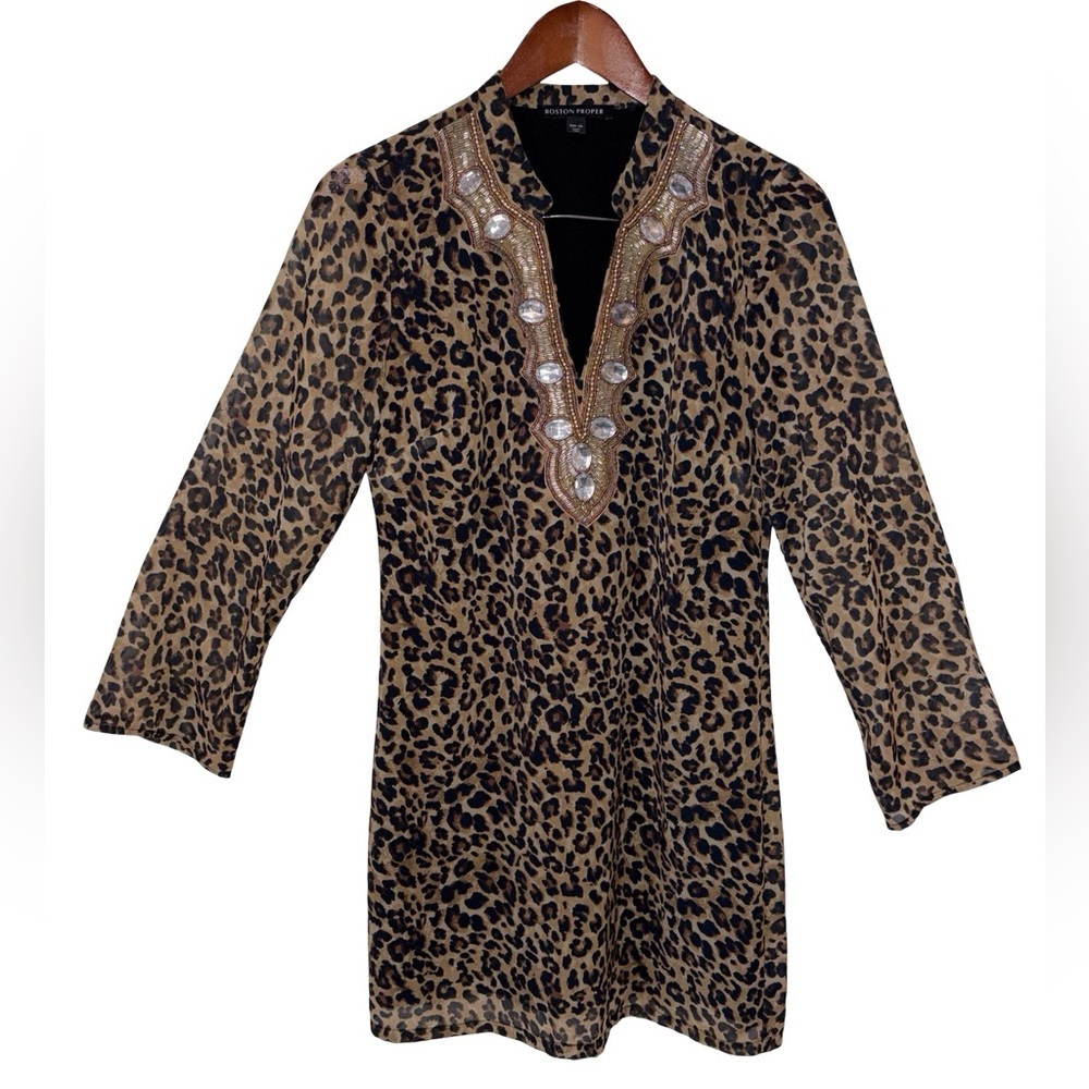 BOSTON PROPER Leopard Print Tunic with Embellished V-Neck - Tan & Black XS